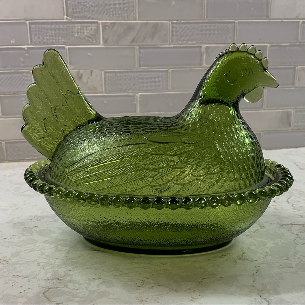 Firm: Indiana Glass Olive Green Nesting Hen Dish
